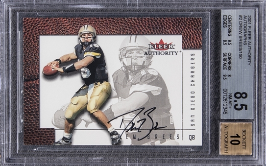 2001 Fleer Authority Autographs #2 Drew Brees Signed Rookie Card - BGS NM-MT+ 8.5/BGS 10